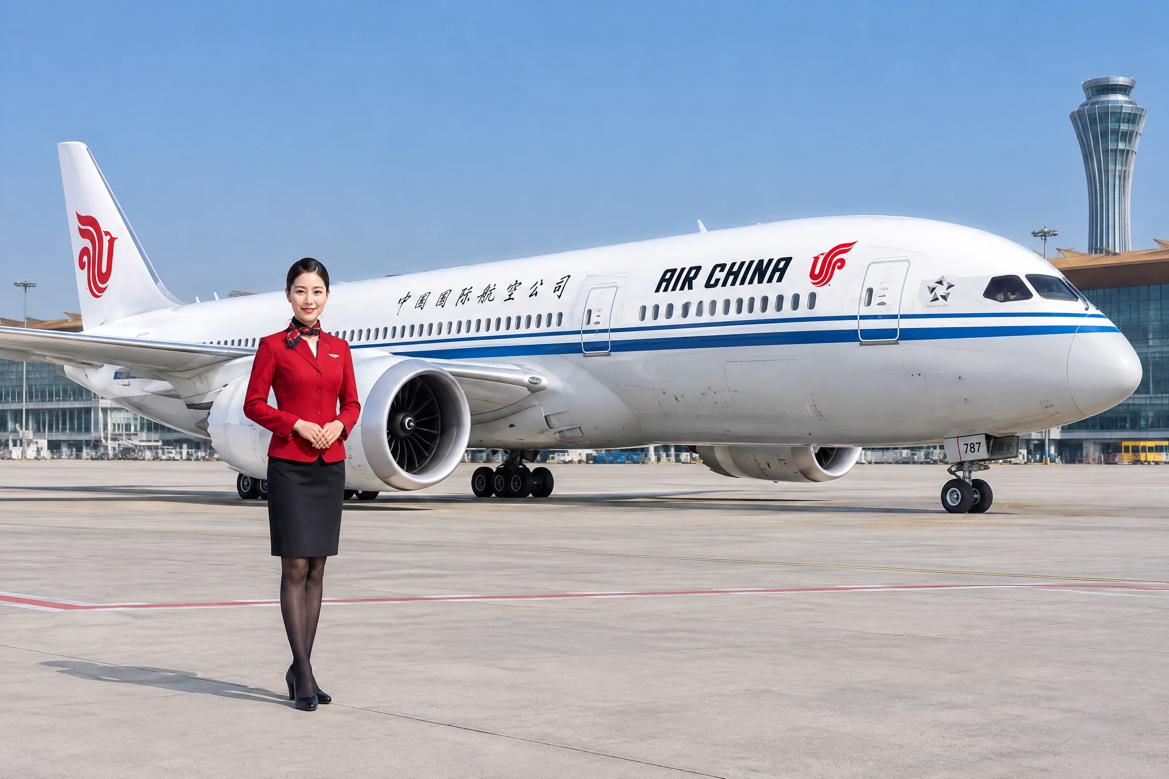 Thẻ Air China với máy bay, tiếp viên, logo phượng hoàng và màu đỏ nhận diện hãng
