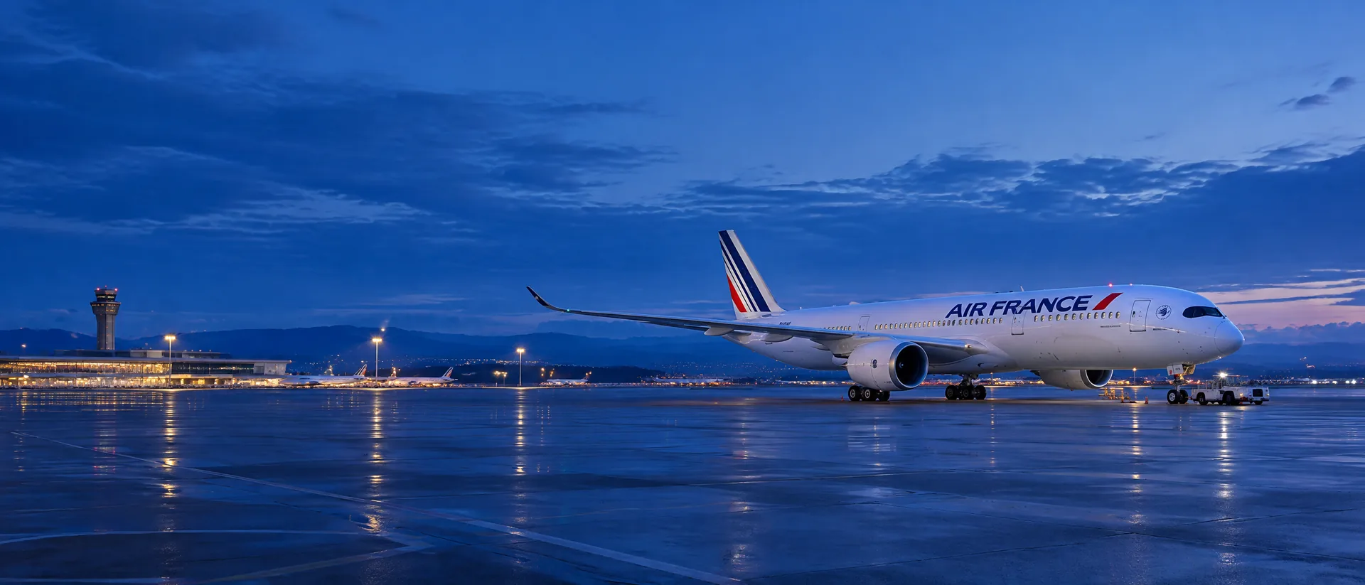 Panorama Air France với máy bay đậu tại sân bay quốc tế và nhận diện hãng rõ ràng