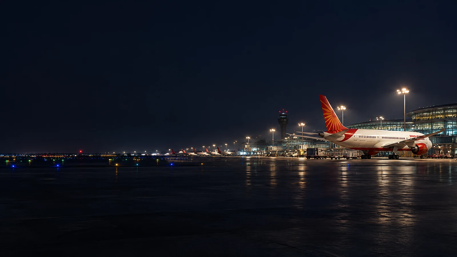 Panorama Air India với máy bay đậu tại sân bay quốc tế và nhận diện hãng rõ ràng