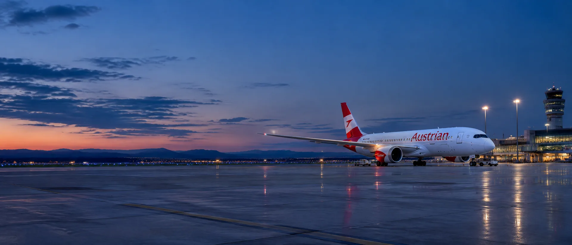 Panorama Austrian Airlines với máy bay đậu tại sân bay quốc tế và nhận diện hãng rõ ràng