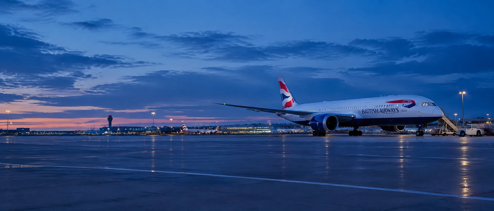 Panorama British Airways với máy bay đậu tại sân bay quốc tế và nhận diện hãng rõ ràng