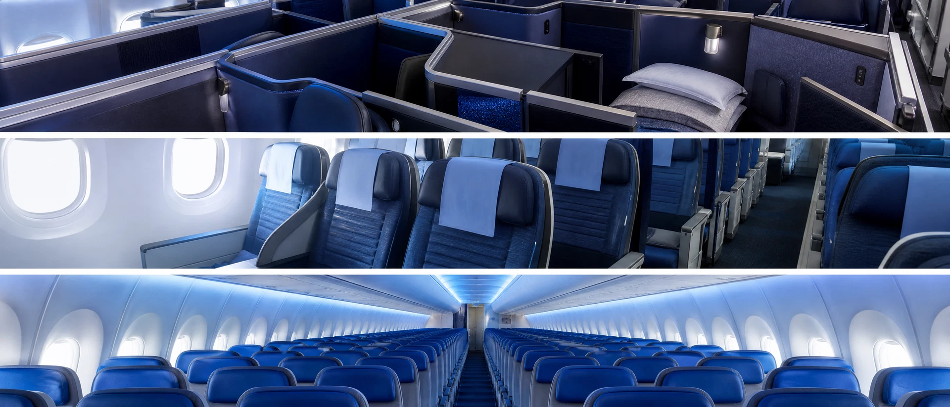 Khoang Thương gia minh họa theo nhận diện hãng: United Airlines