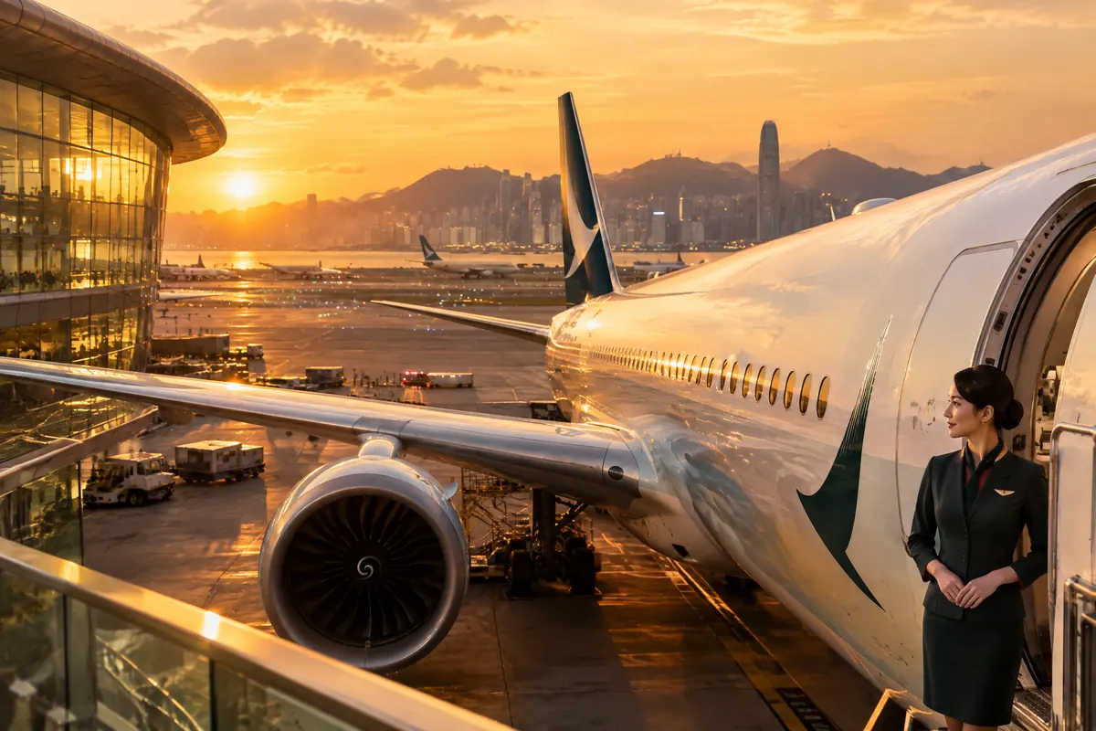 Thẻ Cathay Pacific với máy bay xanh đậm tại sân bay Hong Kong lúc hoàng hôn và tiếp viên trong đồng phục xanh
