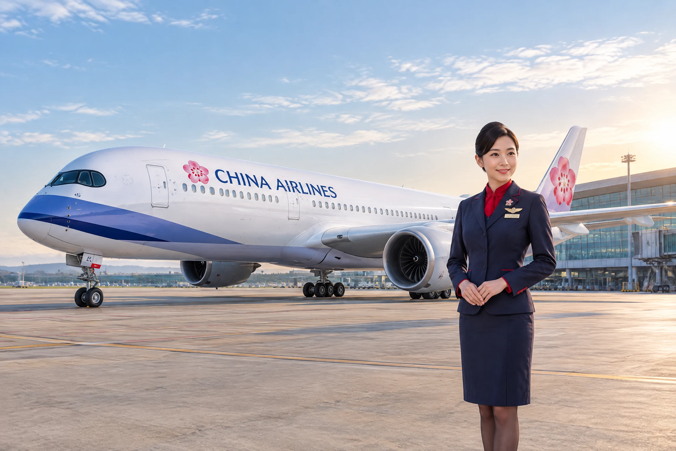 Thẻ China Airlines với máy bay, tiếp viên, logo bông mai và màu xanh đỏ nhận diện hãng