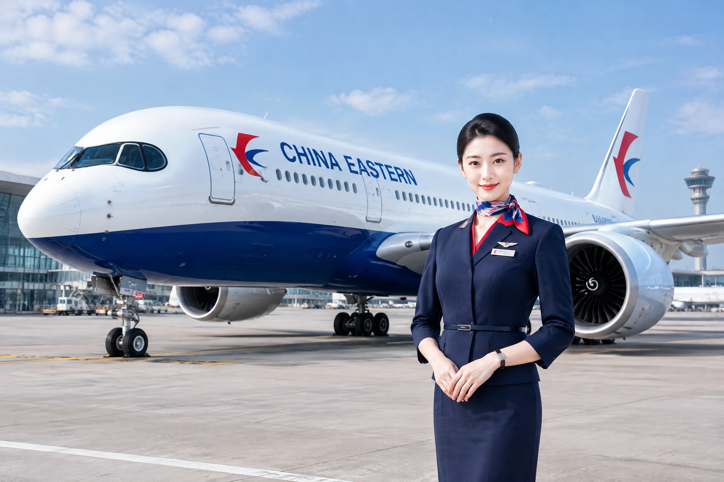 Thẻ China Eastern Airlines với máy bay, tiếp viên, logo hoa én và màu đỏ xanh nhận diện hãng