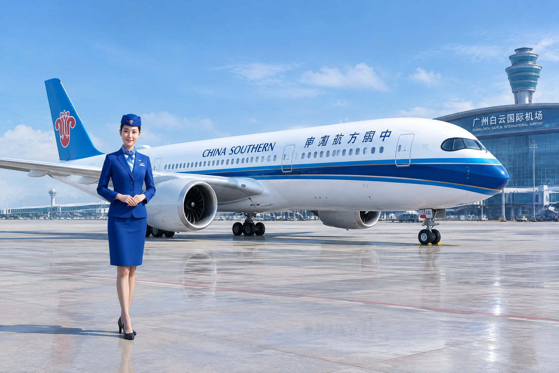 Thẻ China Southern Airlines với máy bay, tiếp viên, logo hoa kapok và màu xanh nhận diện hãng