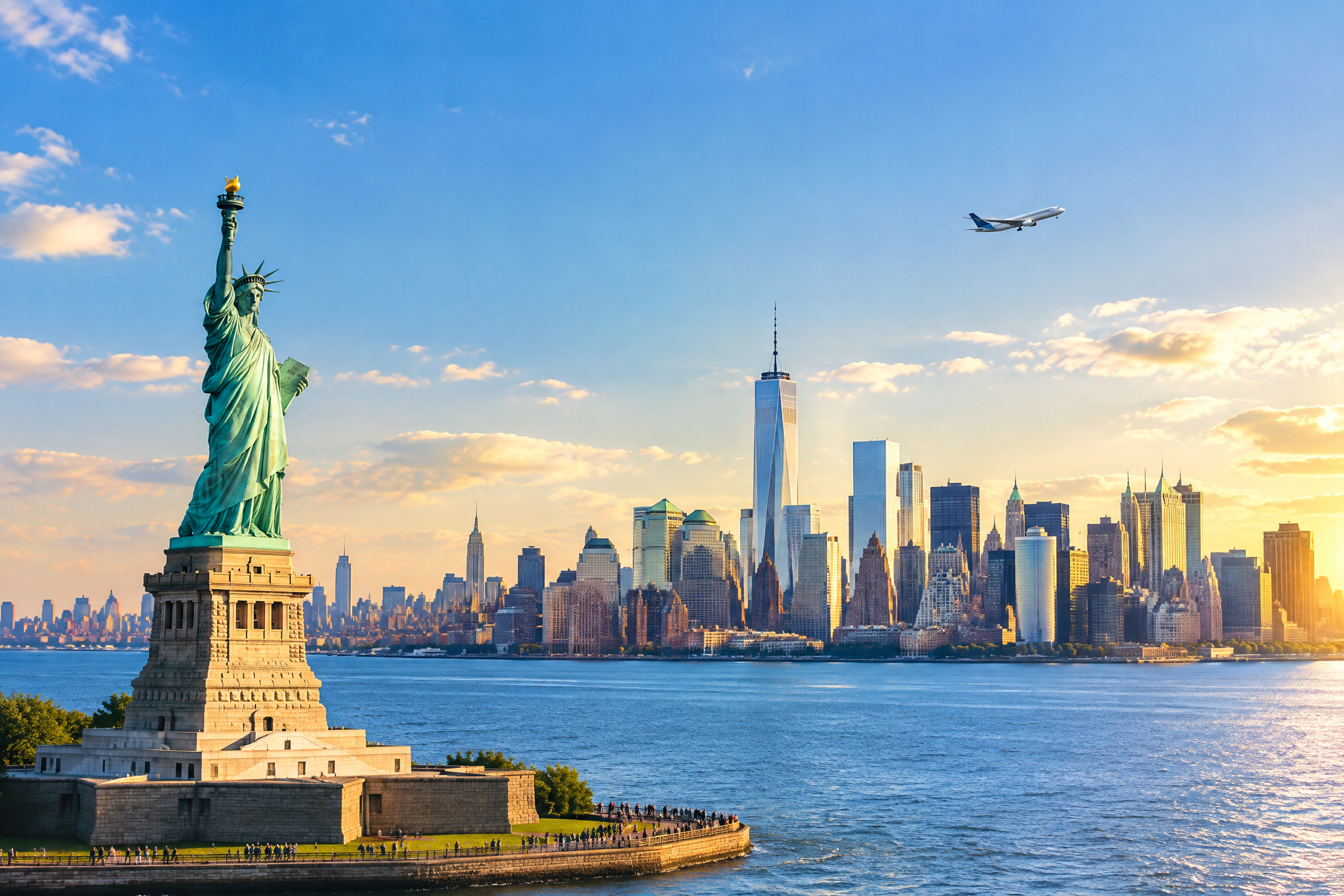 Đường chân trời New York và tượng Nữ thần Tự do cho hành trình đi Mỹ