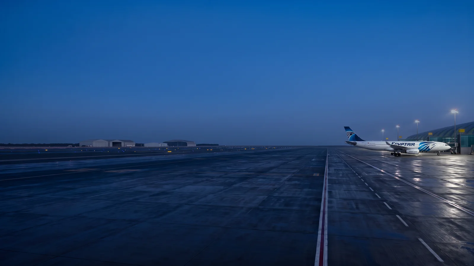 Panorama EgyptAir với máy bay đậu tại sân bay quốc tế và nhận diện hãng rõ ràng