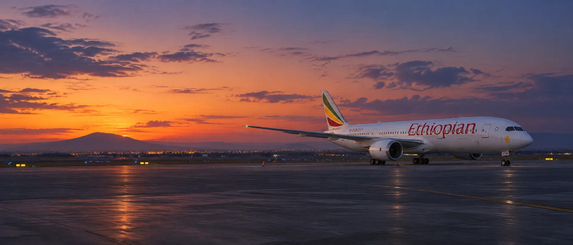 Panorama Ethiopian Airlines với máy bay đậu tại sân bay quốc tế và nhận diện hãng rõ ràng