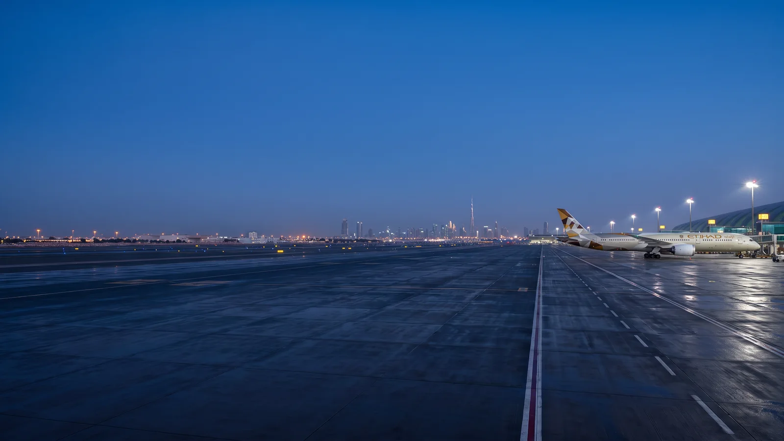 Panorama Etihad Airways với máy bay đậu tại sân bay quốc tế và nhận diện hãng rõ ràng