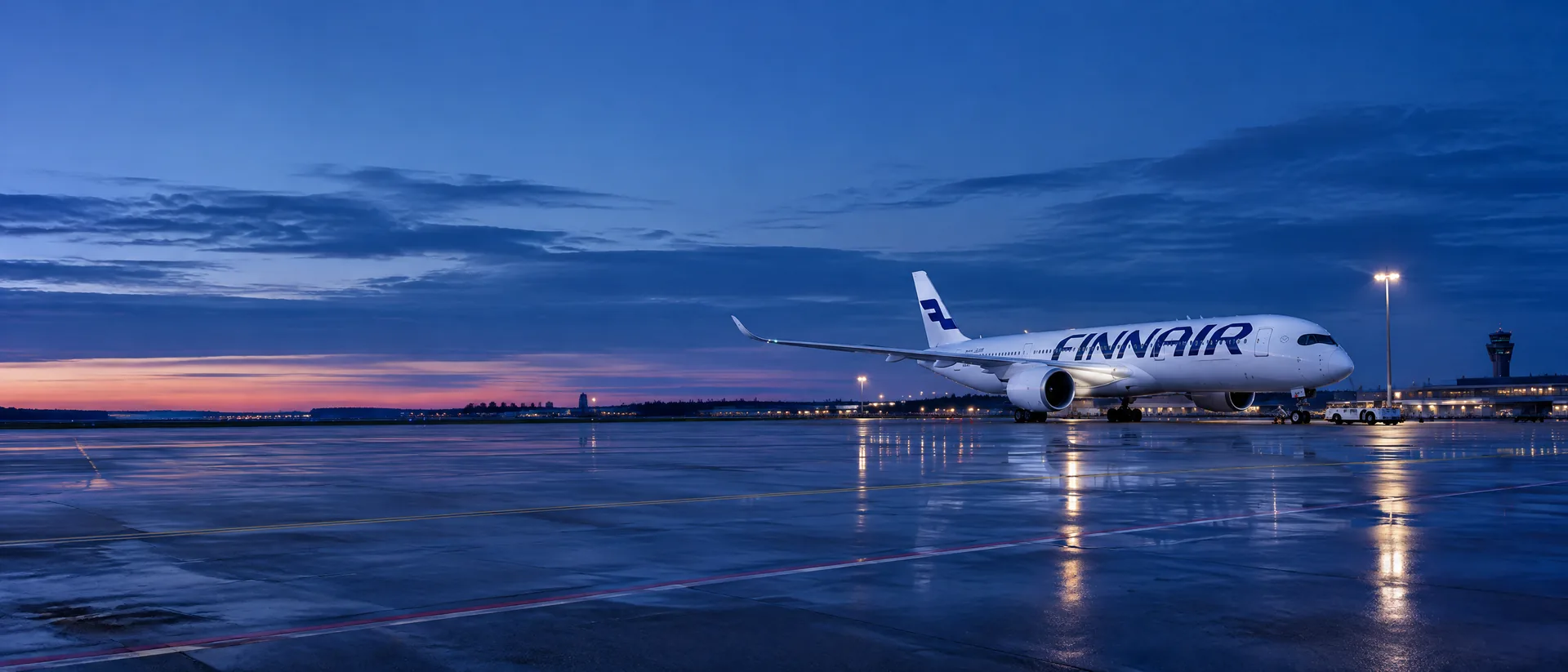 Panorama Finnair với máy bay đậu tại sân bay quốc tế và nhận diện hãng rõ ràng