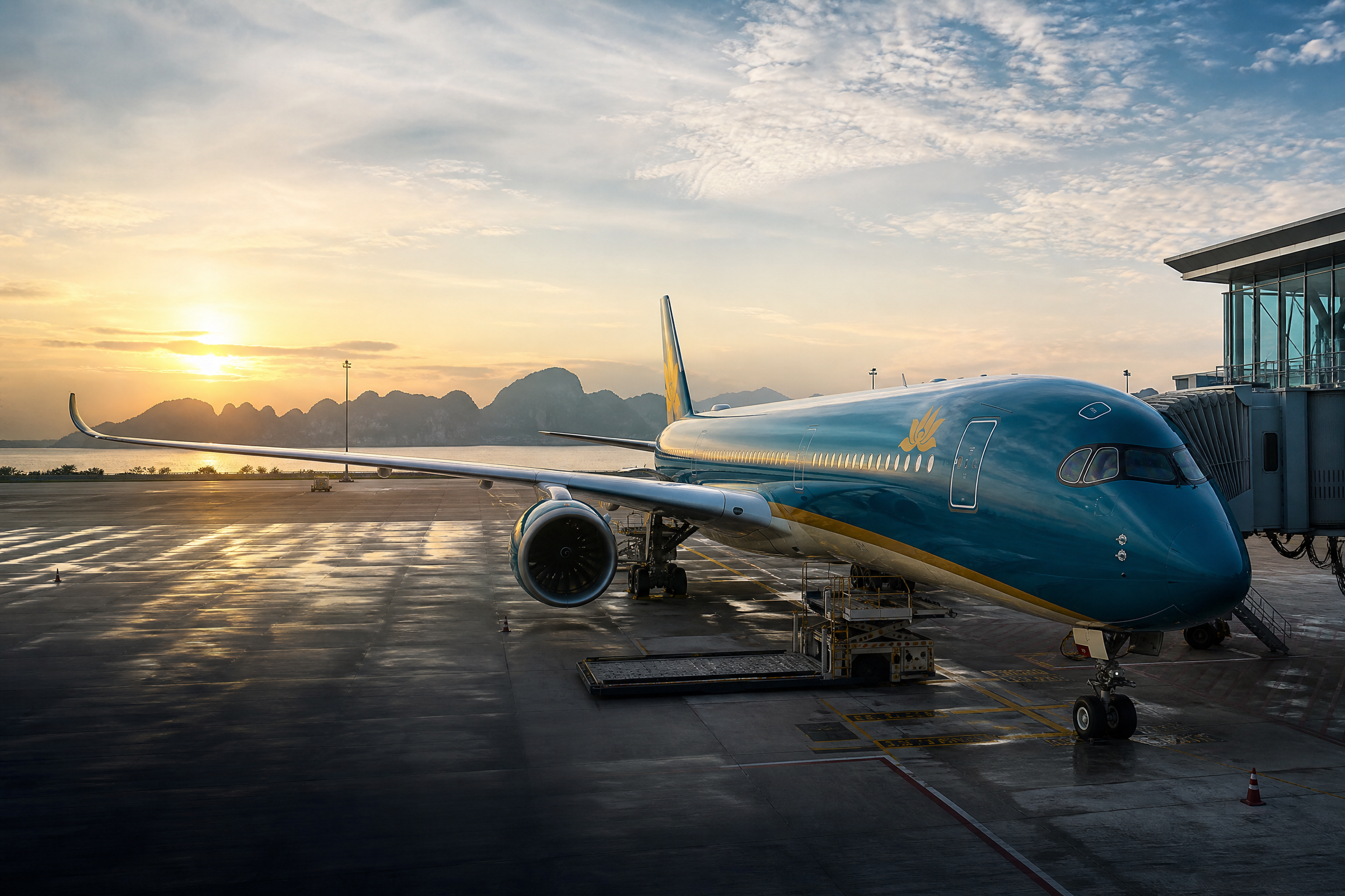 Máy bay thương mại và tiếp viên hư cấu minh họa hành trình Vietnam Airlines