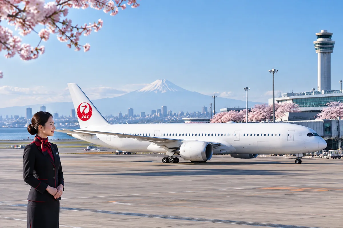Thẻ Japan Airlines với máy bay tại sân bay Haneda ban ngày, núi Phú Sĩ ở xa và tiếp viên trong đồng phục đỏ đen