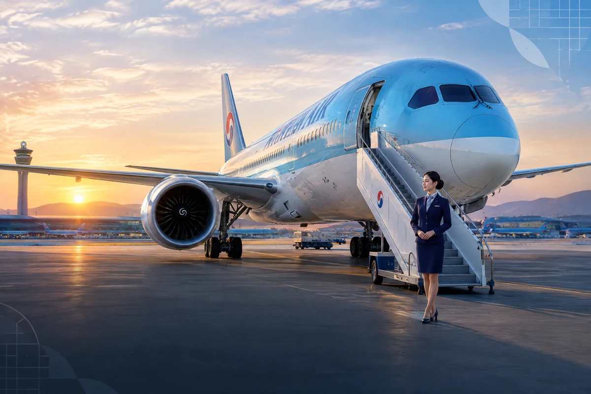 Thẻ Korean Air với máy bay xanh trắng tại sân bay Incheon lúc bình minh và tiếp viên trong đồng phục xanh navy
