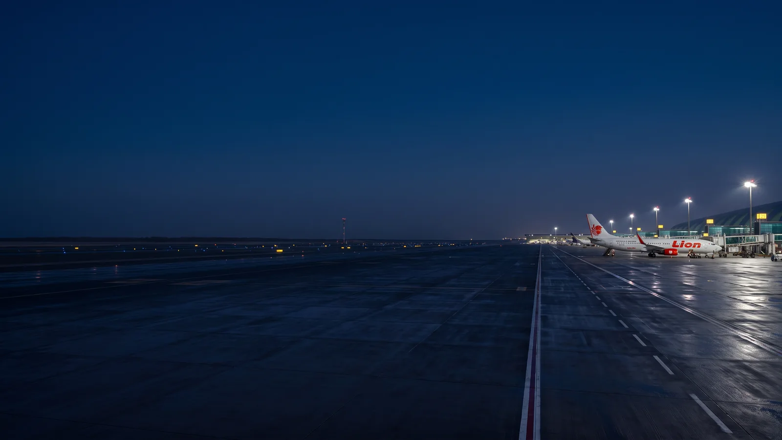 Panorama Lion Air với máy bay đậu tại sân bay quốc tế và nhận diện hãng rõ ràng