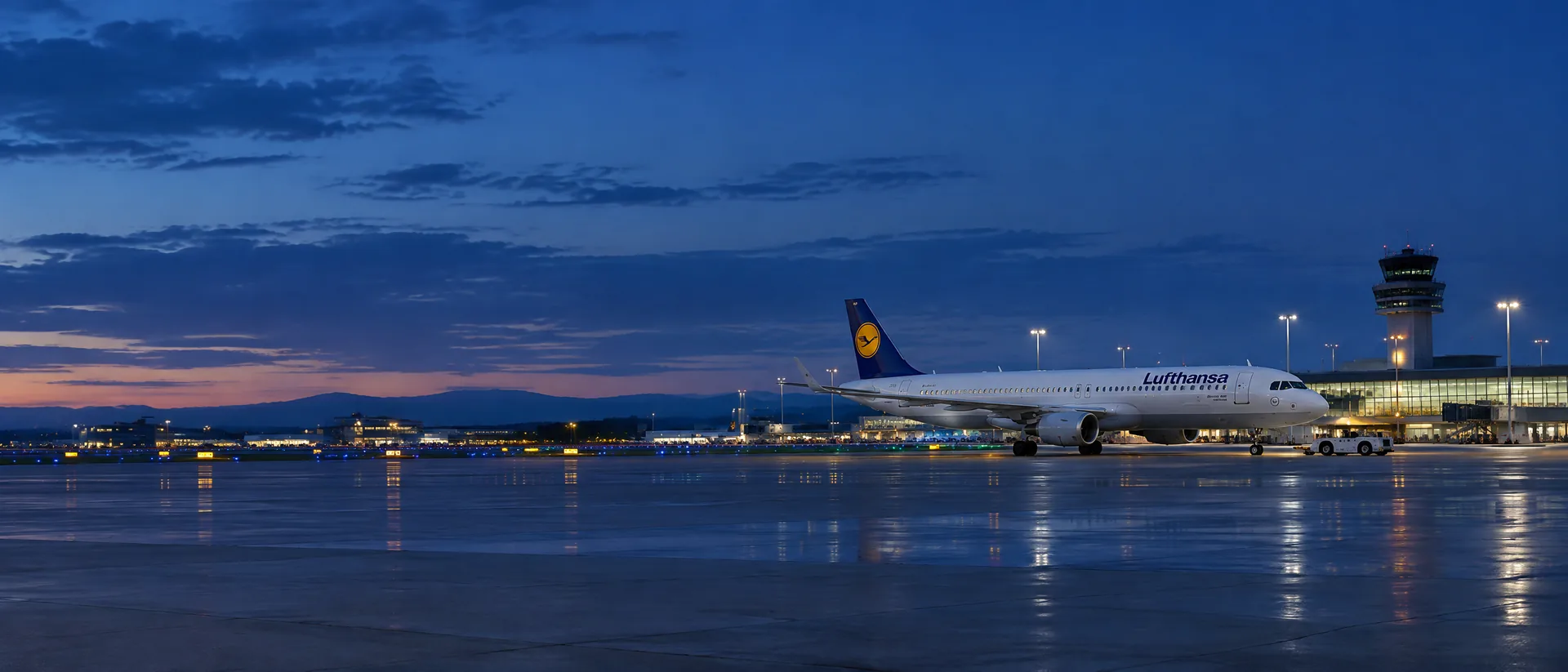 Panorama Lufthansa với máy bay đậu tại sân bay quốc tế và nhận diện hãng rõ ràng