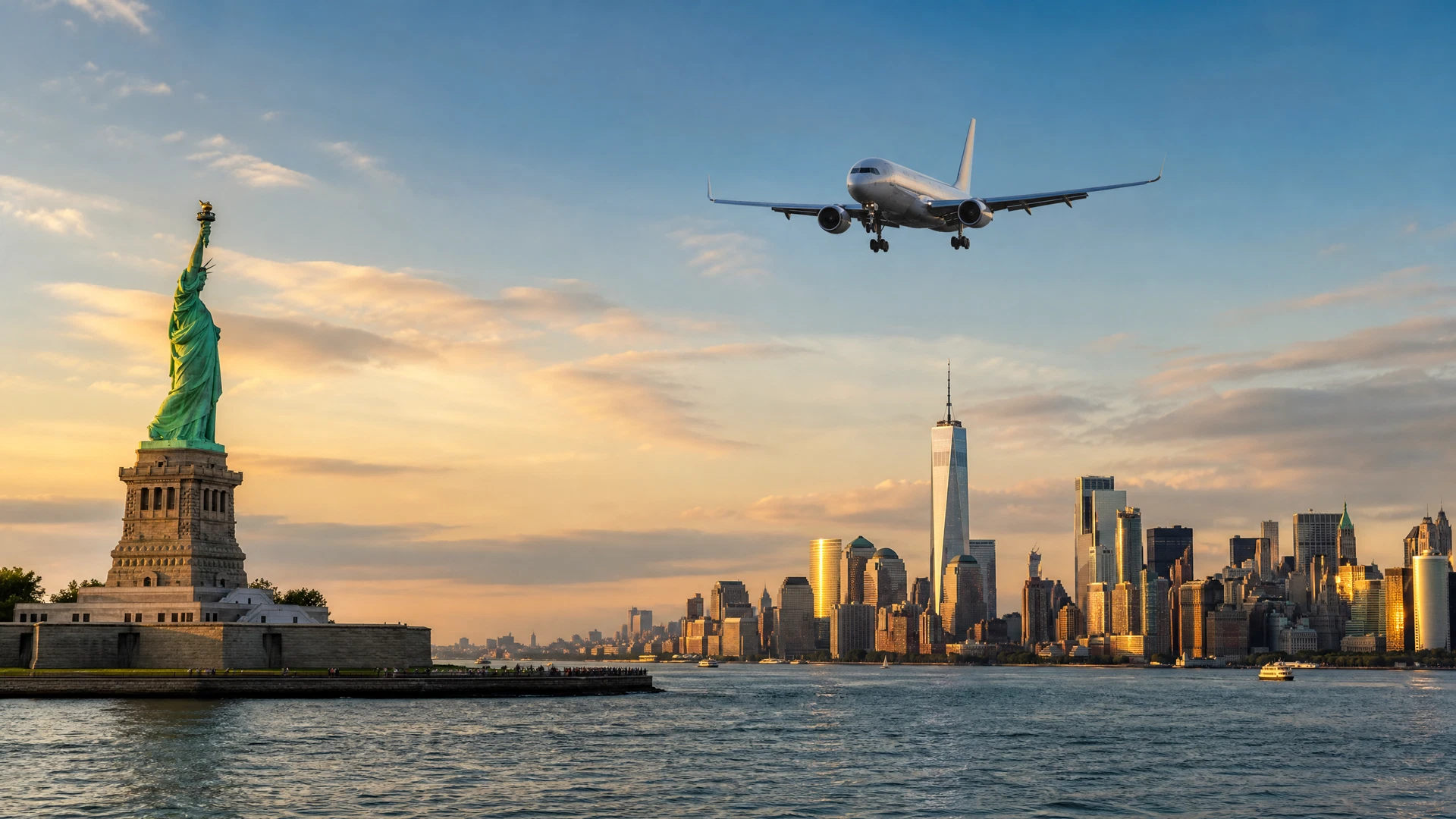 Đường chân trời New York và máy bay dân dụng trên hành trình đi Mỹ