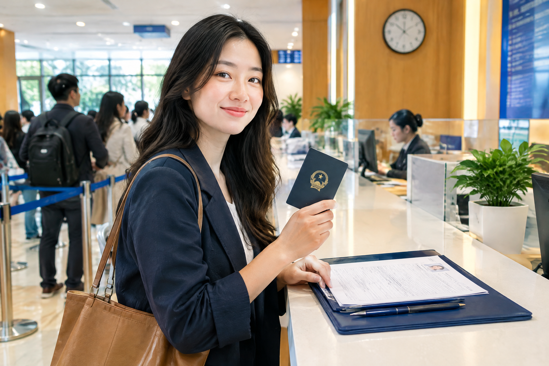 Hành khách chuẩn bị hộ chiếu và hồ sơ tại quầy dịch vụ nhập cảnh sân bay