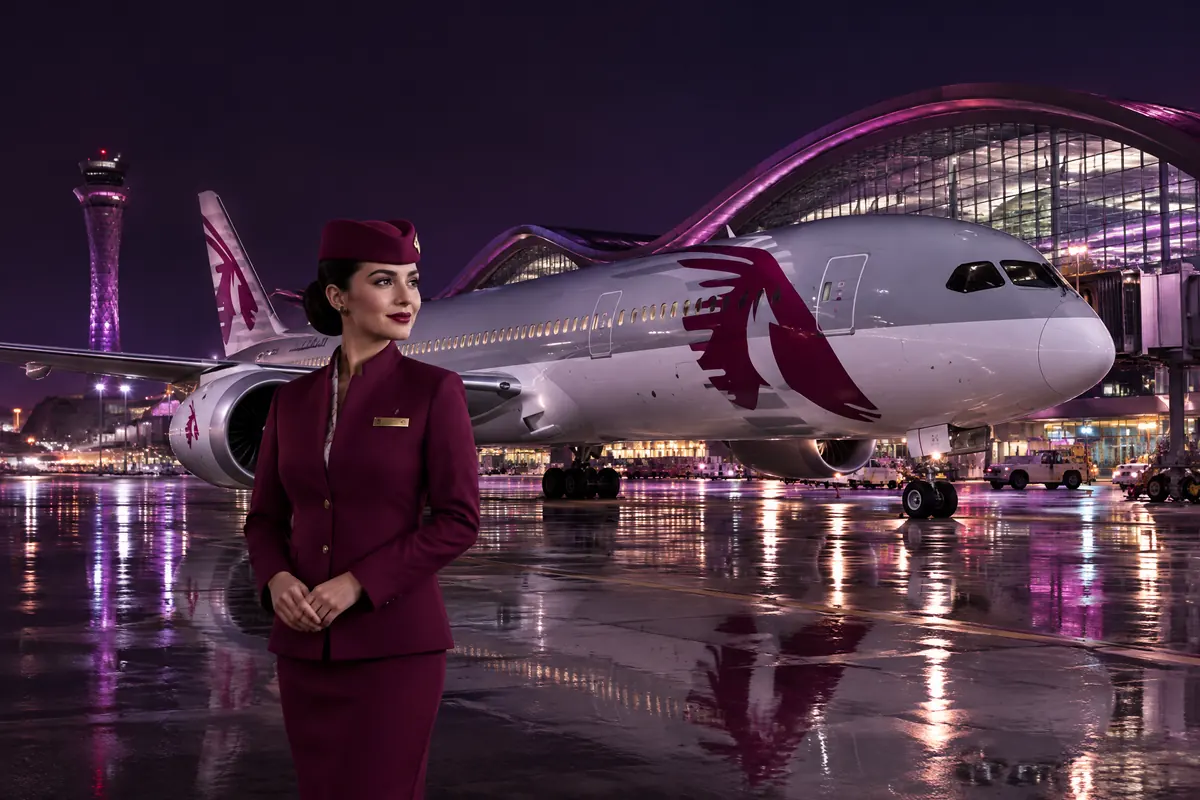 Thẻ Qatar Airways với máy bay màu burgundy tại sân bay Doha ban đêm và tiếp viên trong đồng phục burgundy