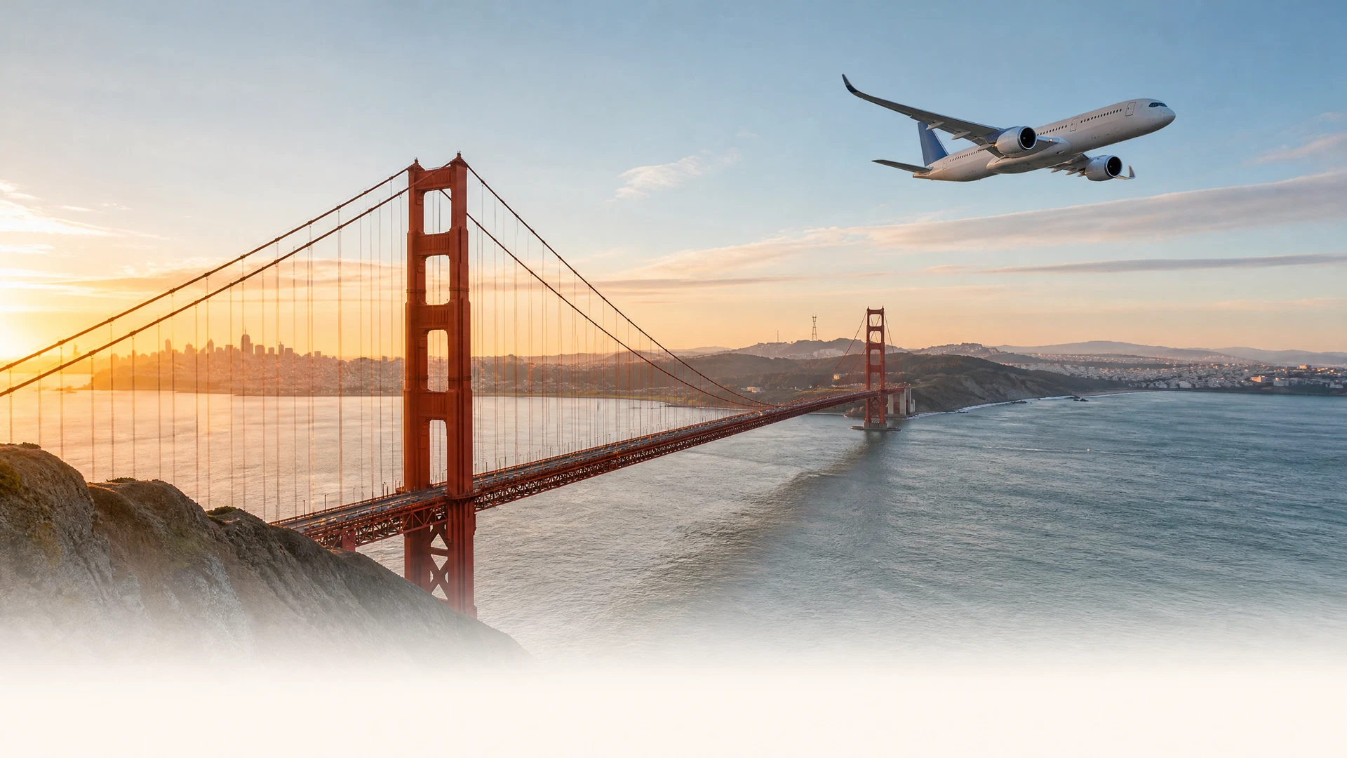 Cầu Cổng Vàng San Francisco và máy bay dân dụng trên vịnh