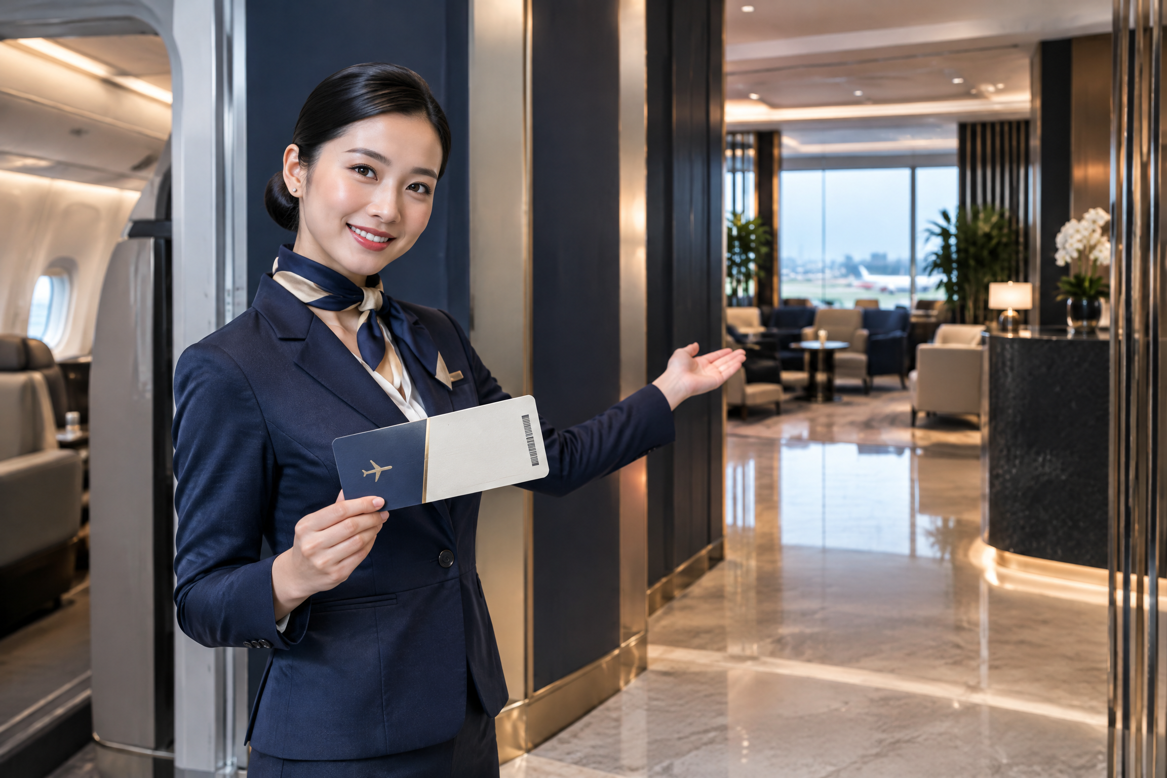Nhân viên sân bay hỗ trợ nâng hạng vé và hướng dẫn vào khu vực thương gia