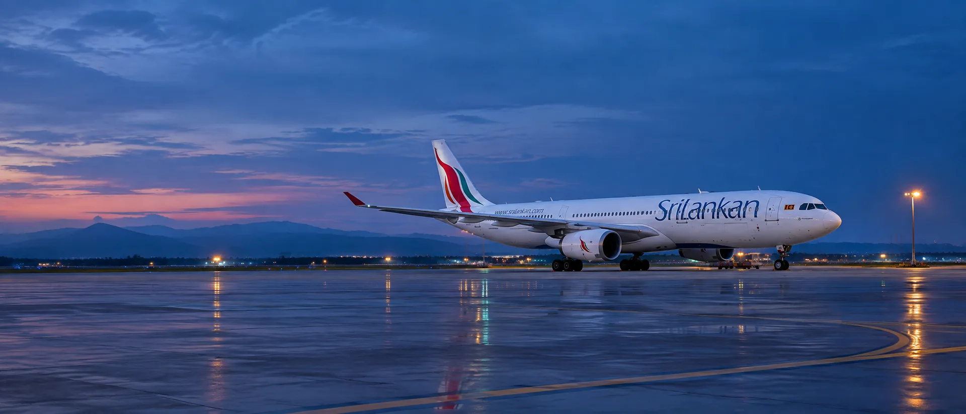 Panorama SriLankan Airlines với máy bay đậu tại sân bay quốc tế và nhận diện hãng rõ ràng