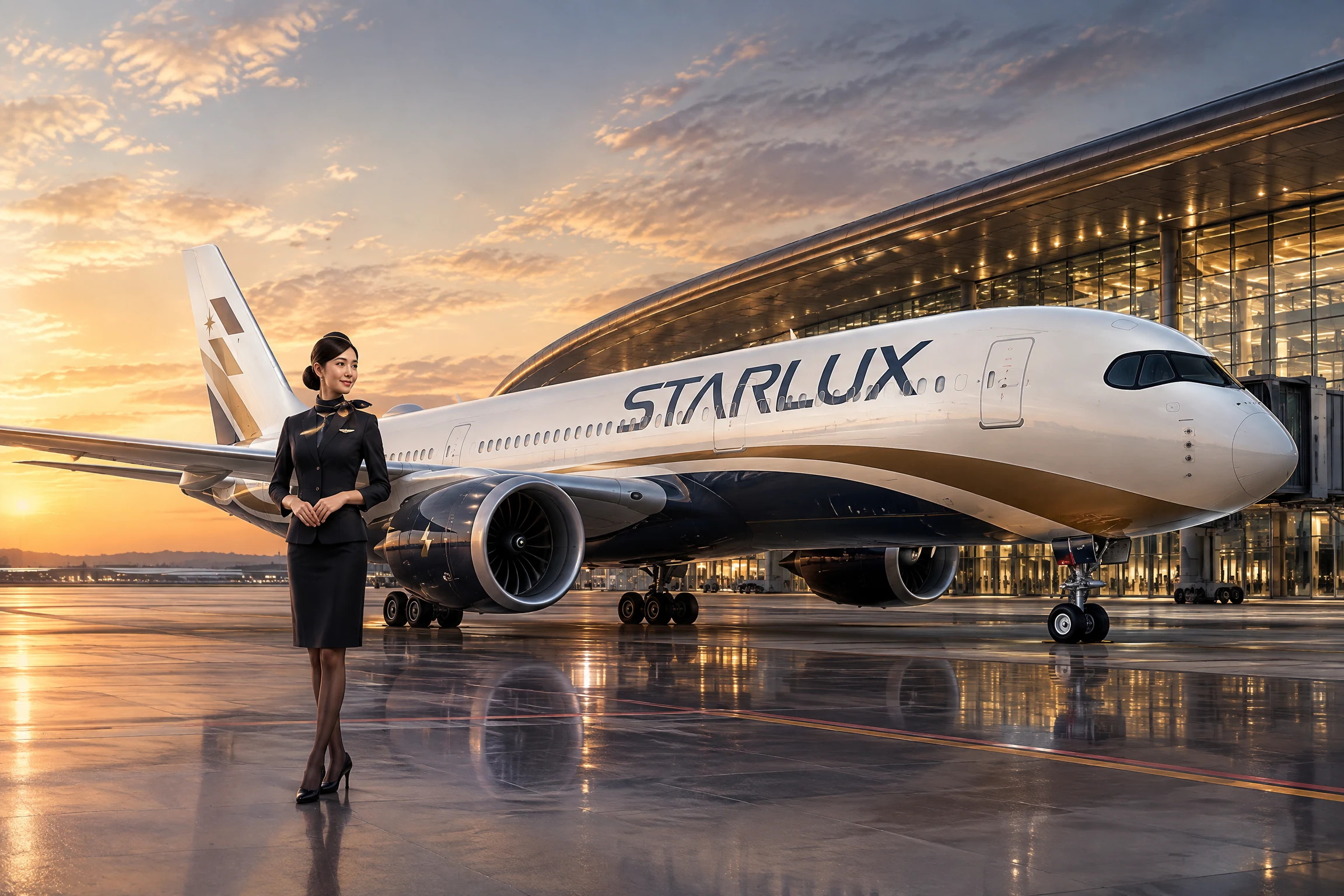 Thẻ STARLUX Airlines với máy bay, tiếp viên, logo ngôi sao và màu xanh đậm nhận diện hãng