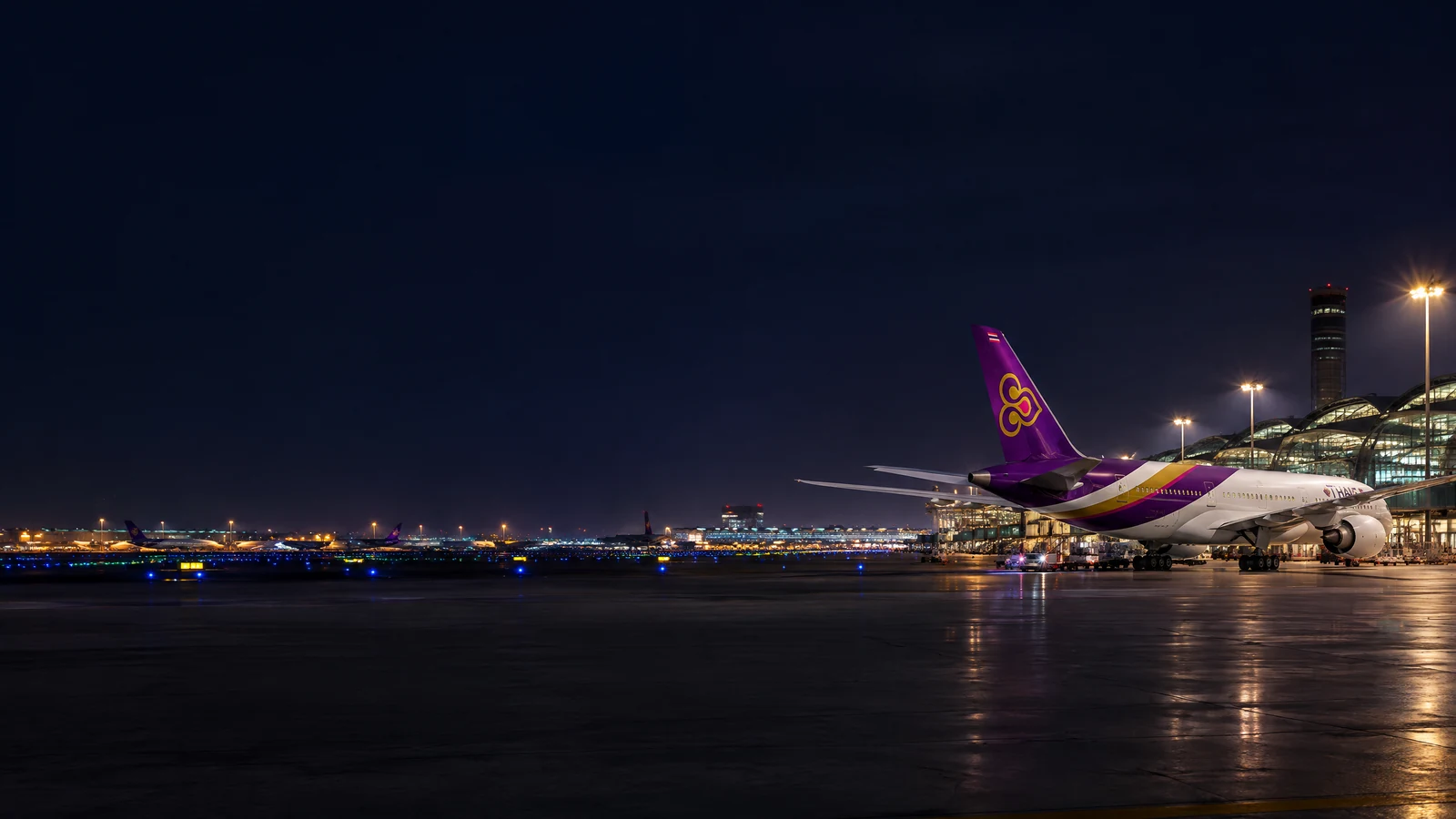 Panorama Thai Airways với máy bay đậu tại sân bay quốc tế và nhận diện hãng rõ ràng