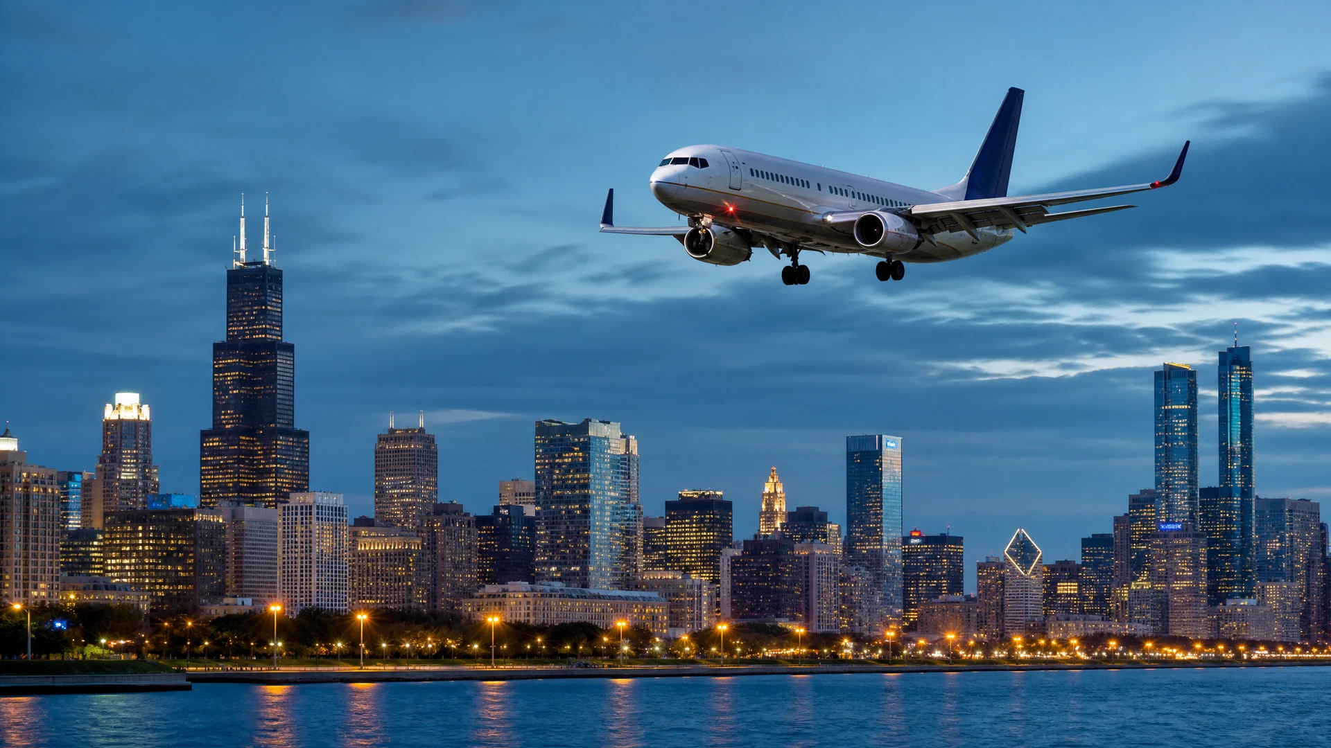 Đường chân trời Chicago bên hồ Michigan cùng máy bay dân dụng