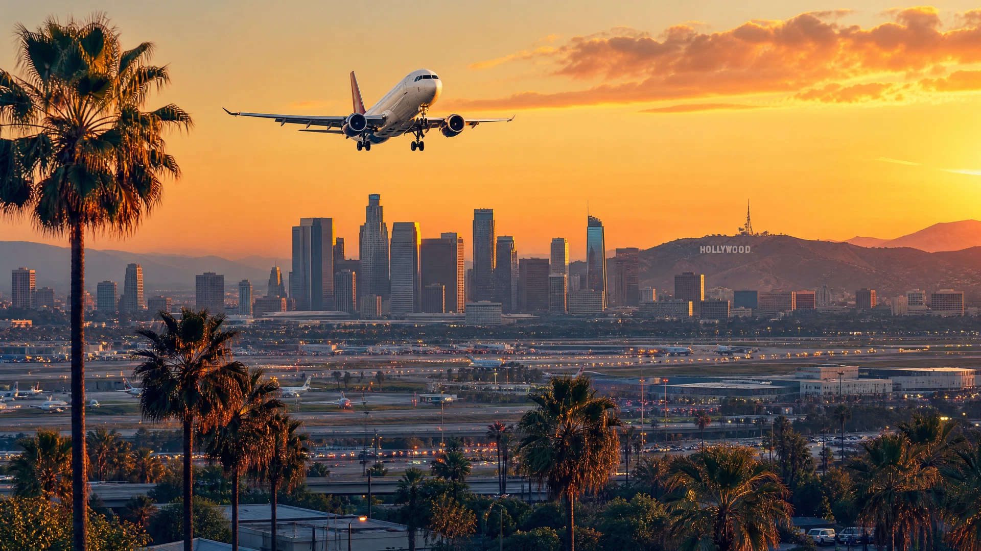 Hollywood và đường chân trời Los Angeles cùng máy bay dân dụng