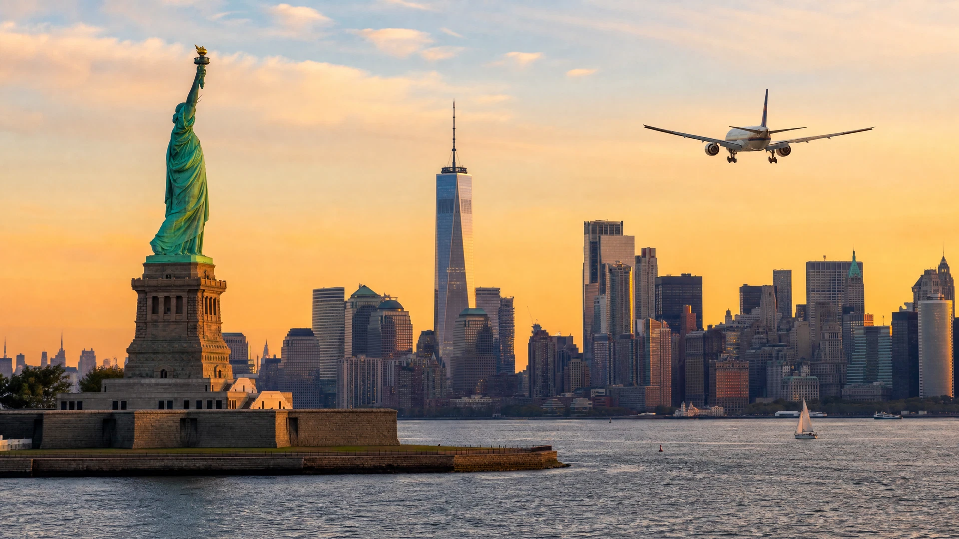 Đường chân trời New York với máy bay thương mại ở xa
