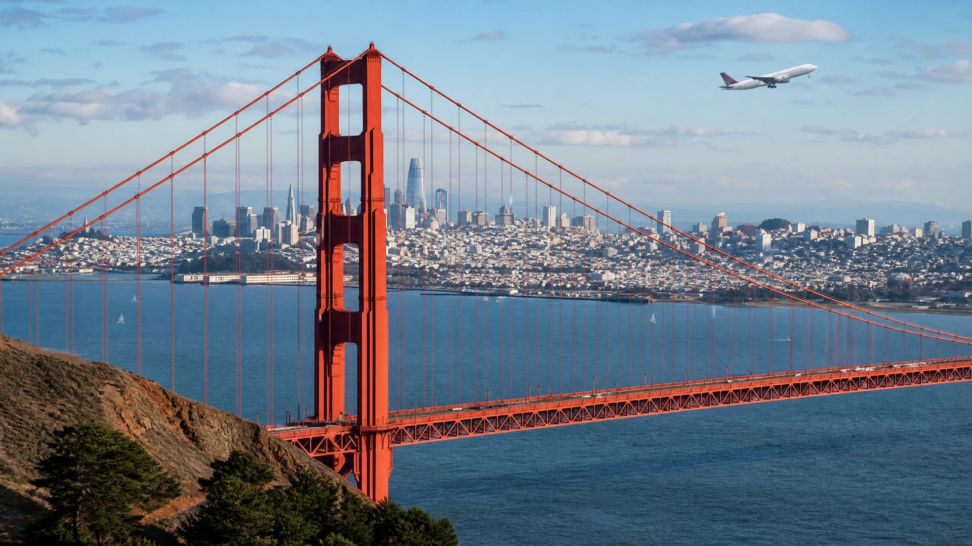 Cầu Cổng Vàng và vịnh San Francisco cùng máy bay dân dụng