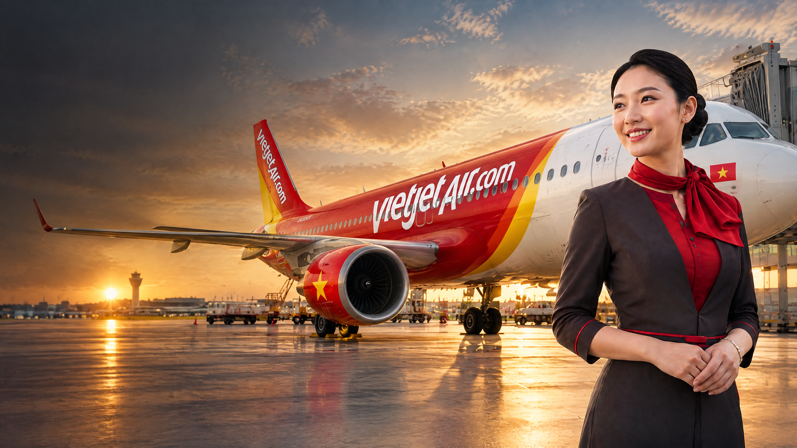 Thân máy bay Vietjet Air màu đỏ trắng vàng với wordmark VietjetAir.com rõ ràng tại sân bay quốc tế cùng tiếp viên Vietjet Air trong đồng phục đỏ đen