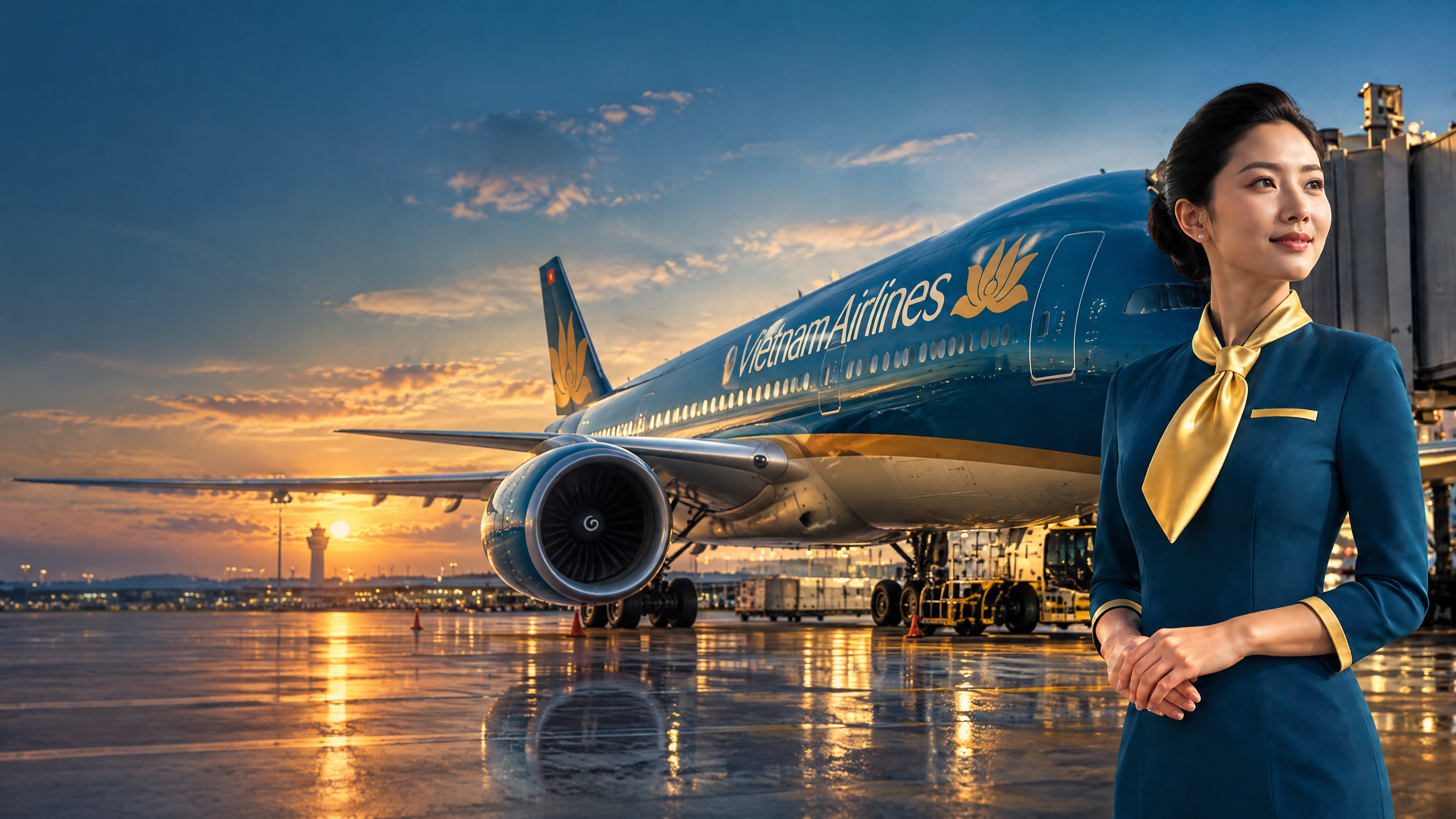 Thân máy bay Vietnam Airlines với wordmark và hoa sen vàng rõ ràng tại sân bay quốc tế cùng tiếp viên Vietnam Airlines