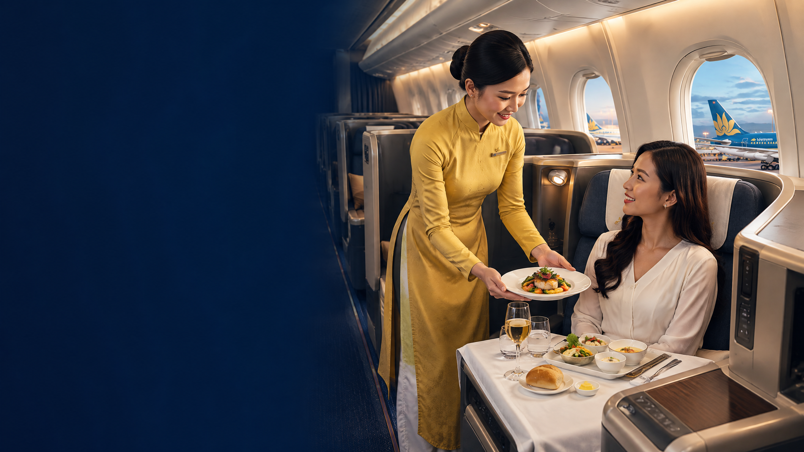 Khoang thương gia Vietnam Airlines với ghế 1-2-1 hướng theo chiều bay, tiếp viên áo vàng và suất ăn cao cấp