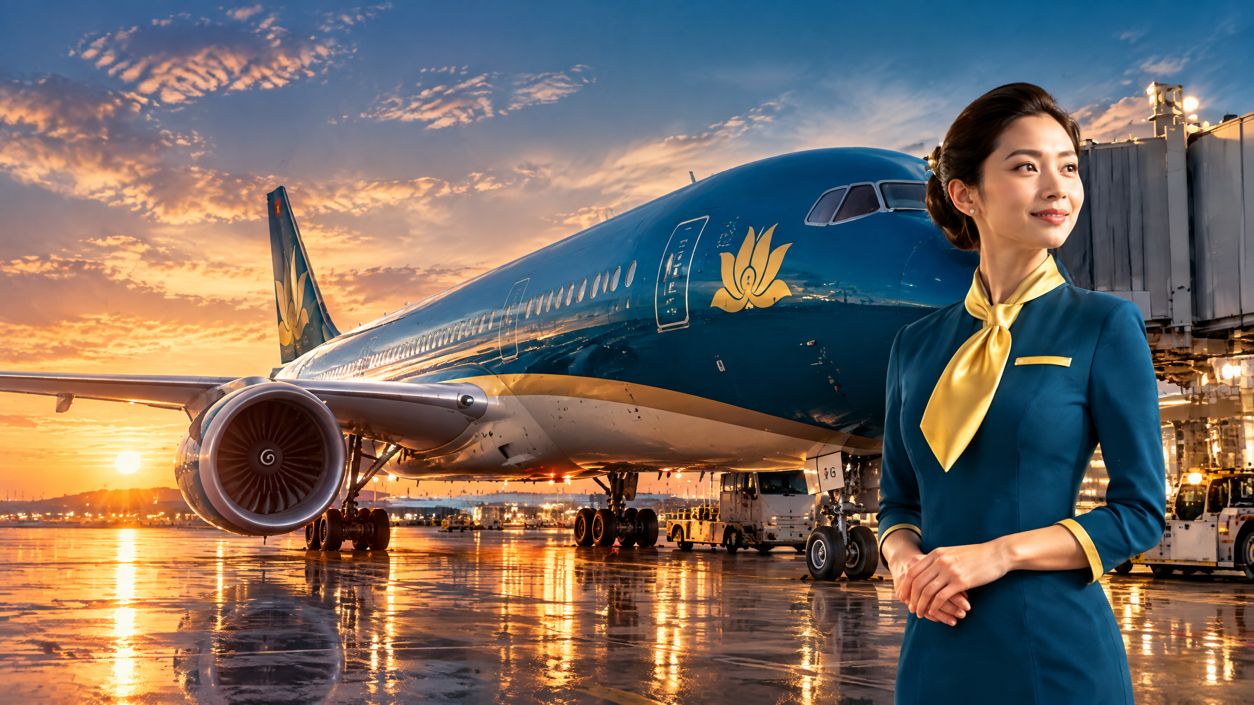 Phần đầu thân máy bay Vietnam Airlines với biểu tượng bông sen vàng rõ ràng ở phía trước cùng tiếp viên Vietnam Airlines tại sân bay quốc tế