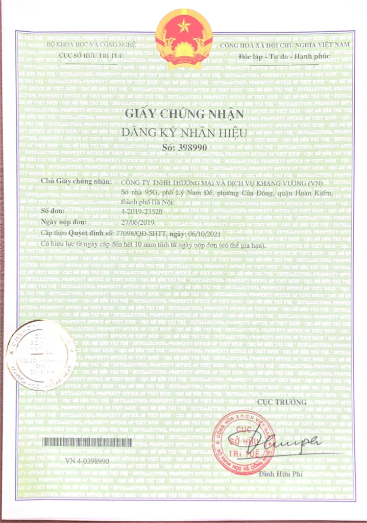 Giấy Chứng nhận đăng ký thượng hiệu - Công ty TNHH Thương mại và dịch vụ KHANG VƯỢNG