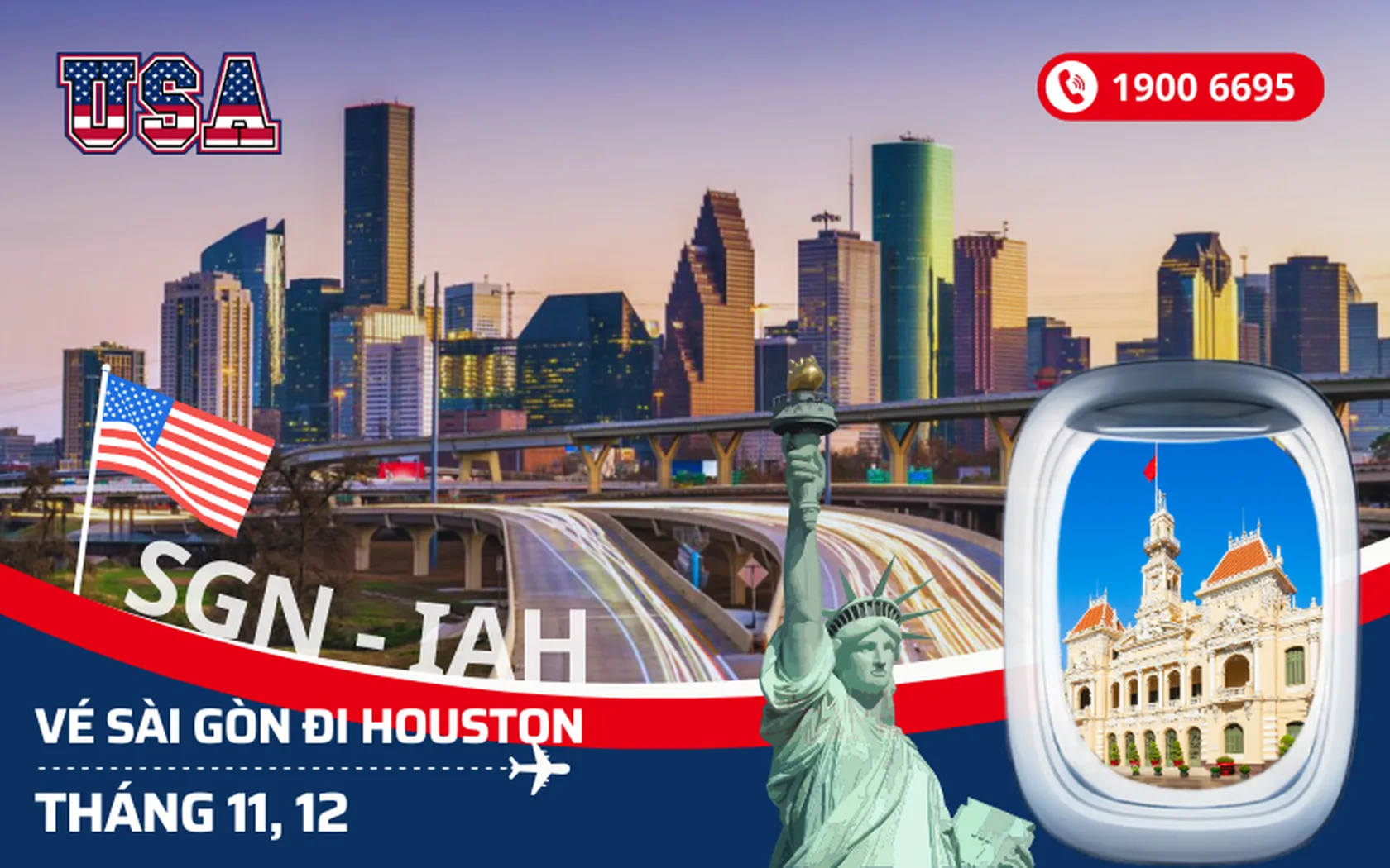 Giá vé máy bay Sài Gòn (TP.HCM) đi Houston (IAH) Mỹ tháng 11, 12