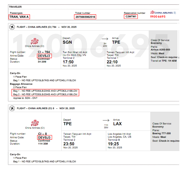 Minh họa vé máy bay điện tử đi Los Angeles Mỹ