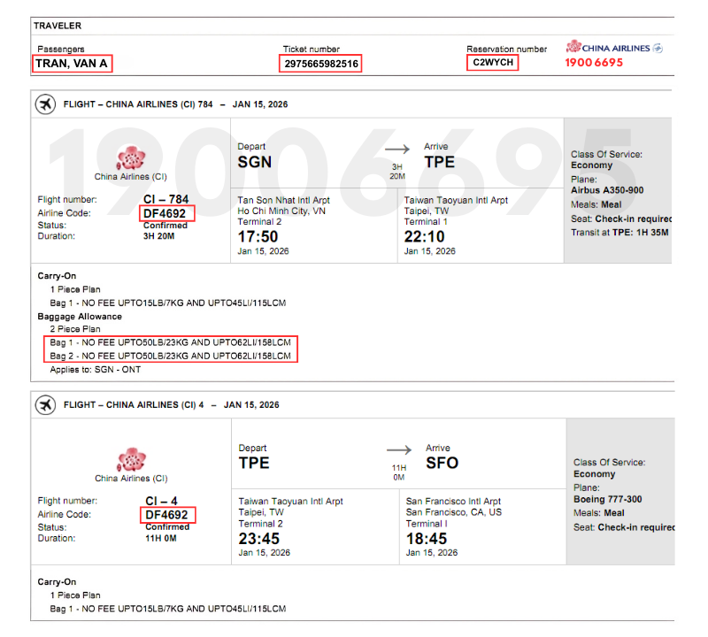 Vé máy bay điện tử China Airlines đi San Francisco Mỹ