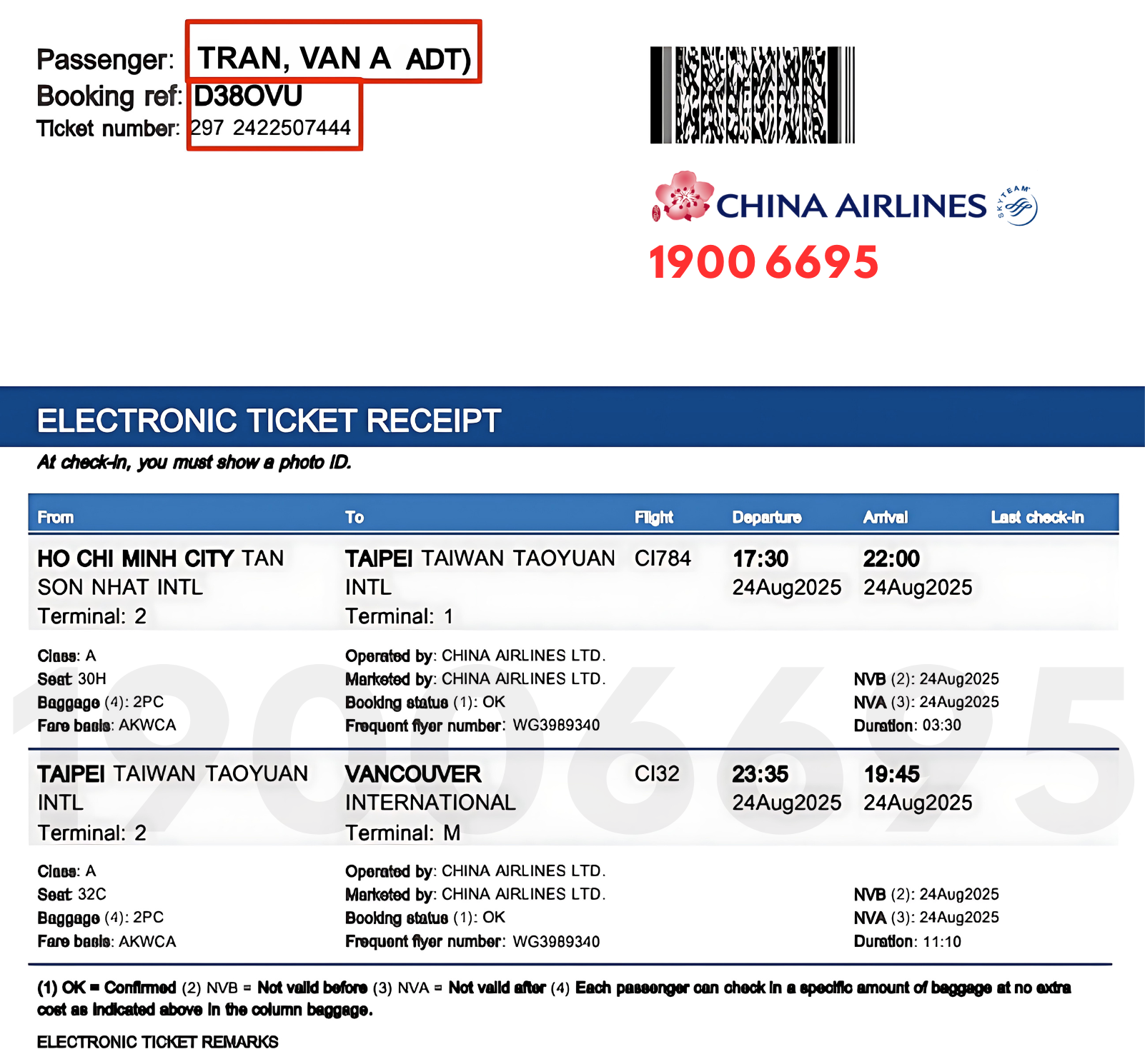 Vé điện tử China Airlines 