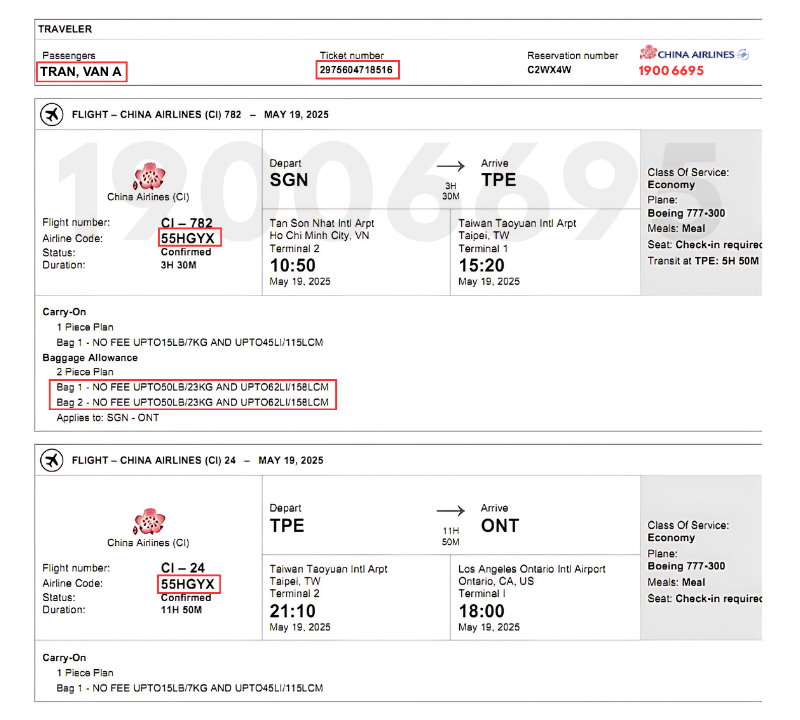 Vé điện tử China Airlines