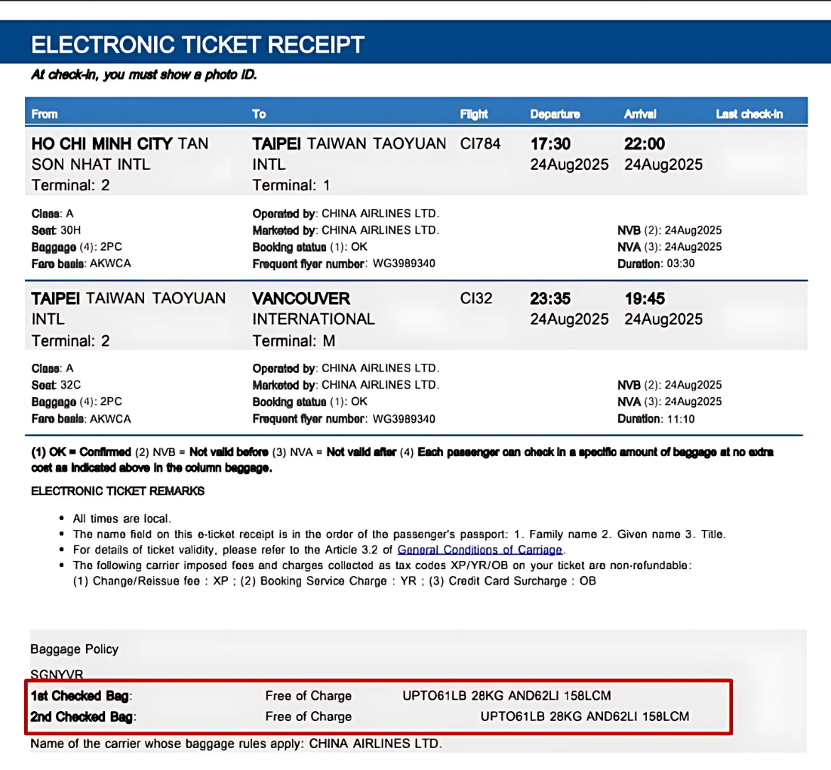 Vé hành lý China Airlines